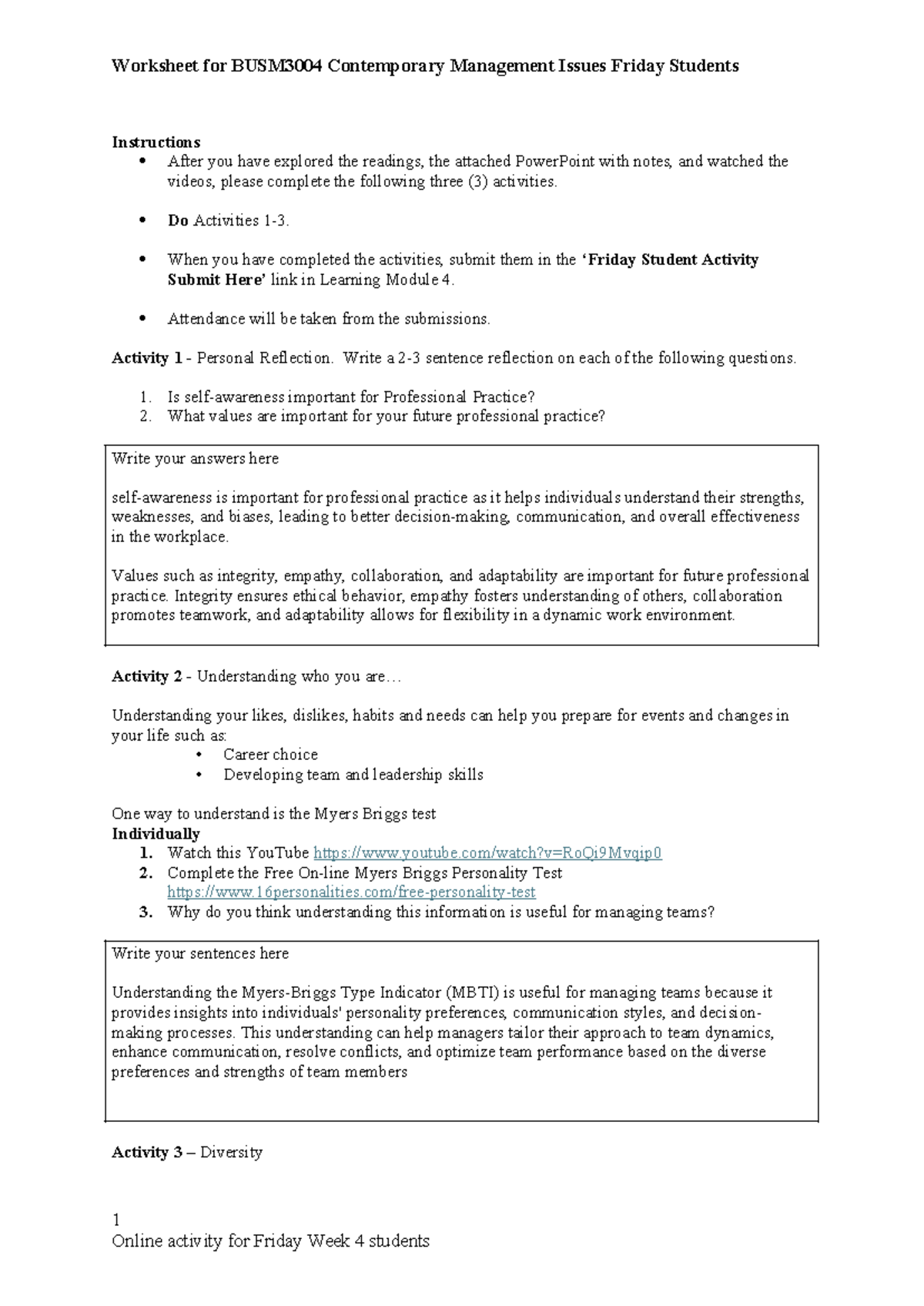 BUSM1008 Friday Week 4 - Worksheet for BUSM3004 Contemporary Management ...