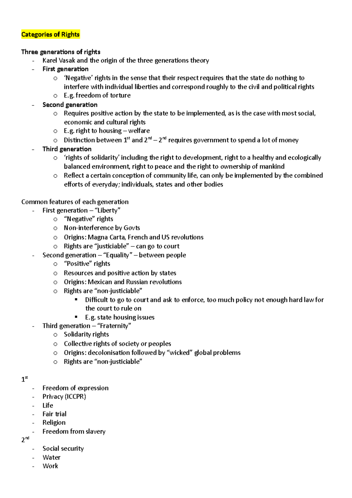 Catergories of Rights - Notes and extra readings - Categories of Rights ...