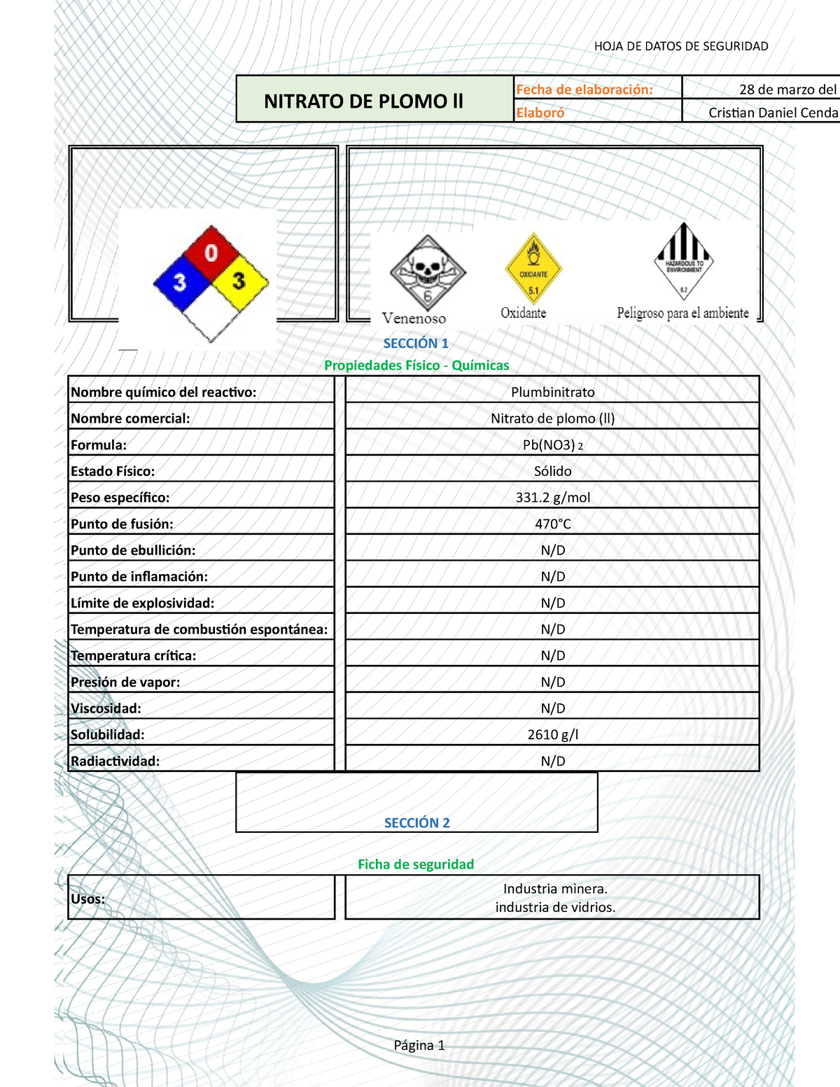 Ficha Tecnica Del Nitrato De Plomo Nitrato De Plomo Ll Fecha De Elaboración 28 De Marzo Del 4748