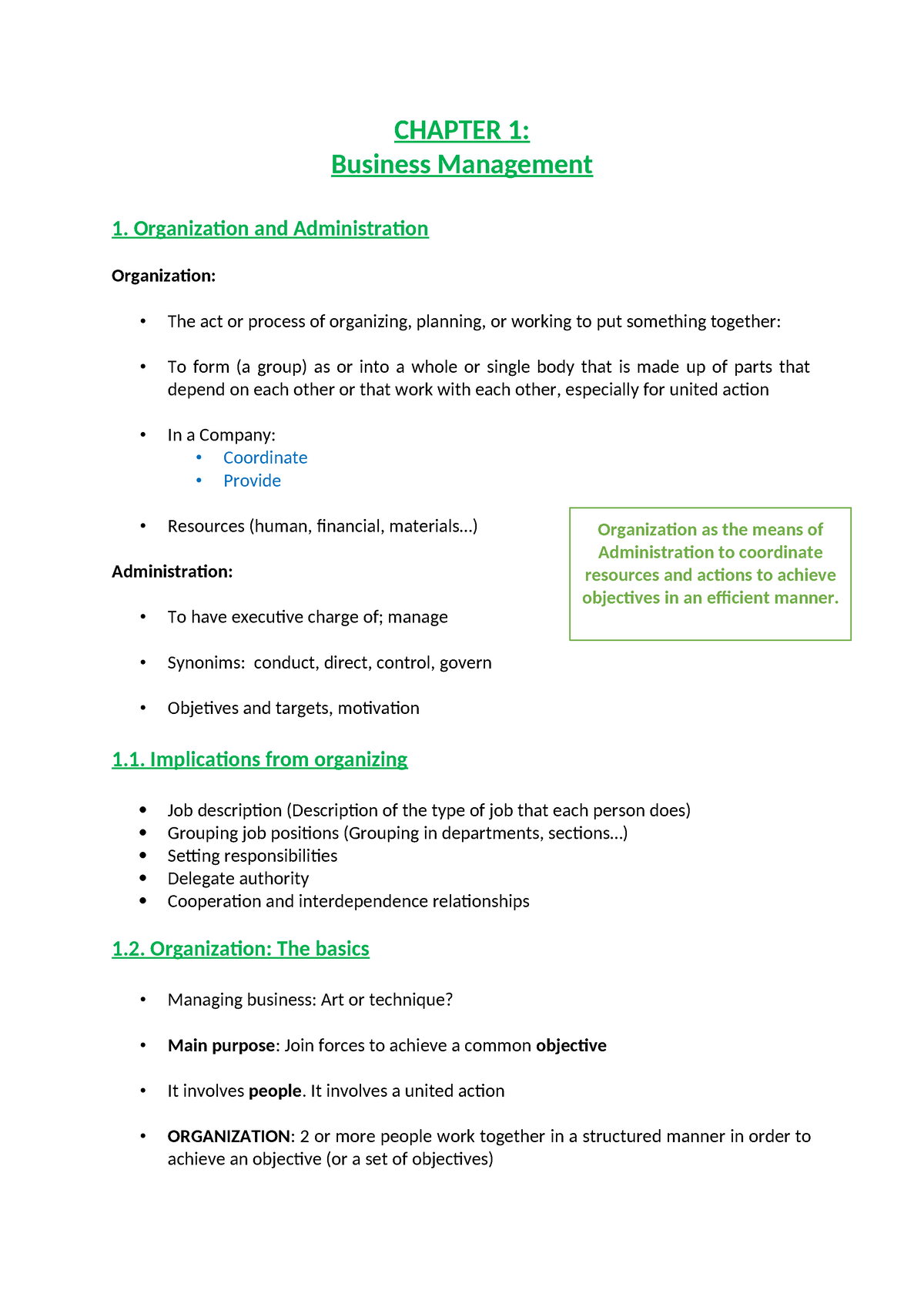 Chapter 1 - Notes - CHAPTER 1: Business Management 1. Organization And ...