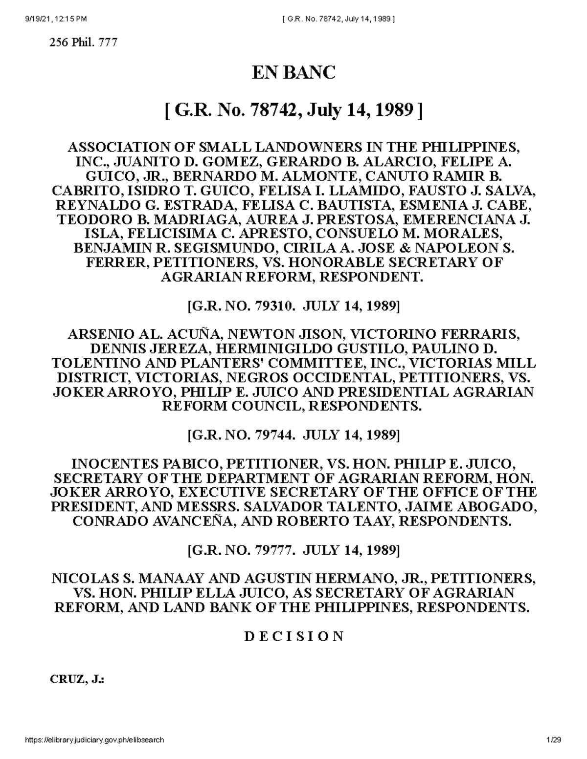 Association of Small Land Holders 256 Phil. 777 EN BANC [ G. No