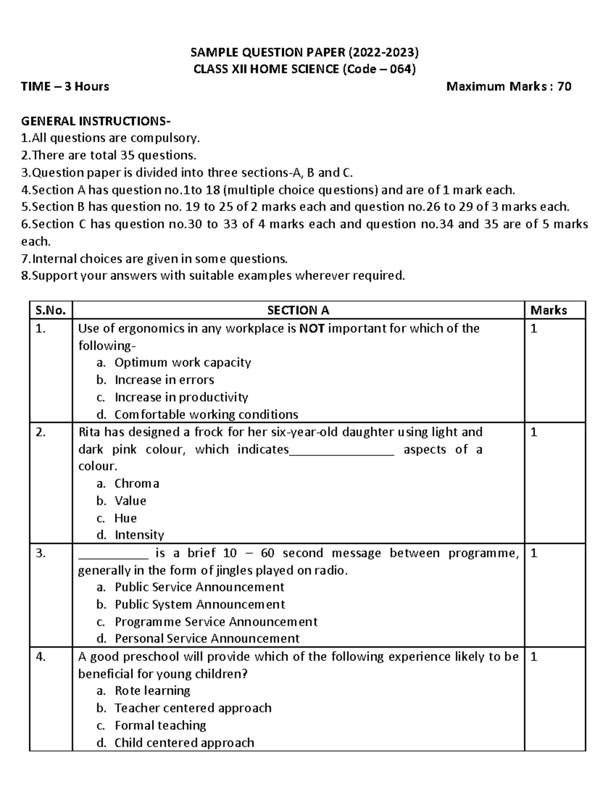 Home Science-SQP - hsc sqp - SAMPLE QUESTION PAPER (2022-2023) CLASS ...