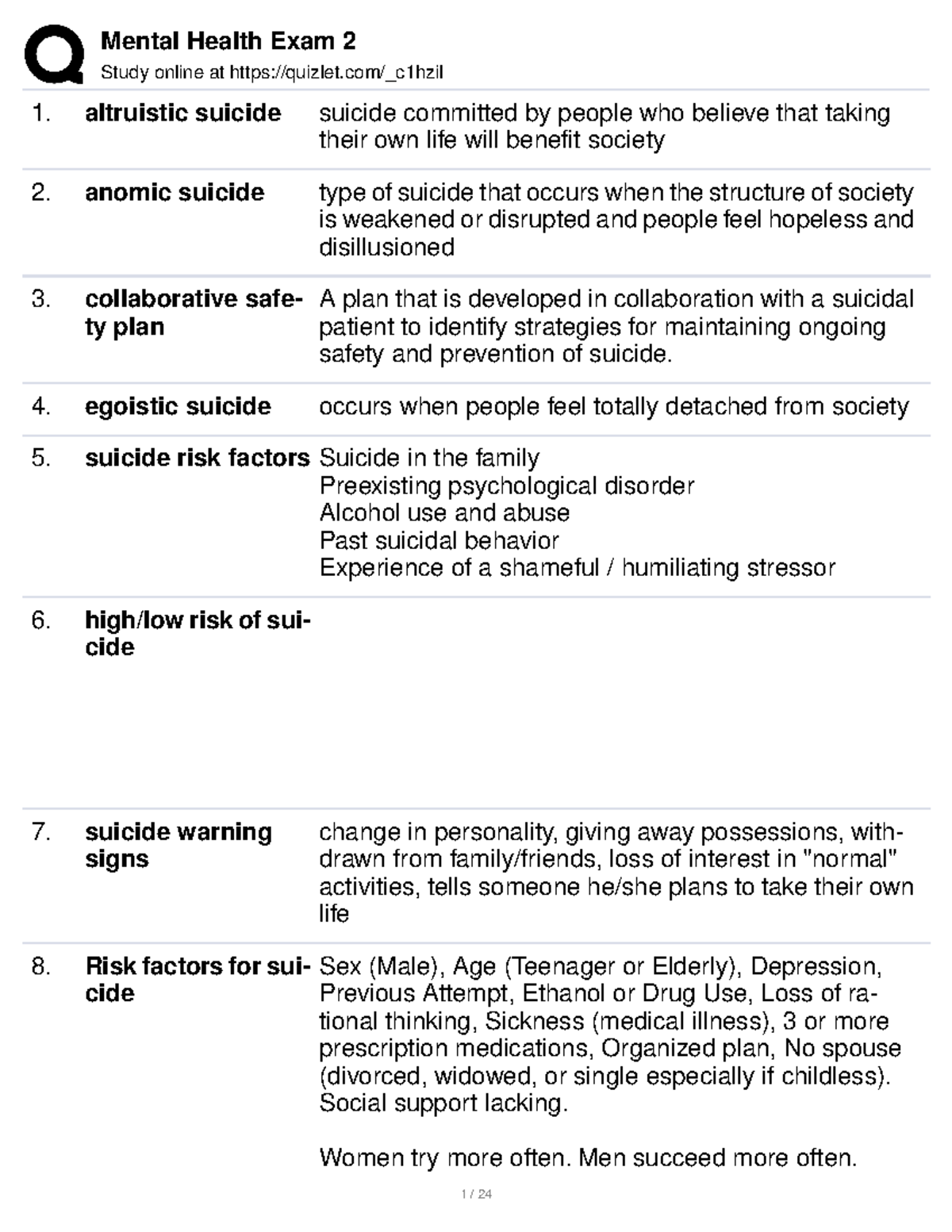 Mental health exam 2 study guide Study online at quizlet/_c1hzil