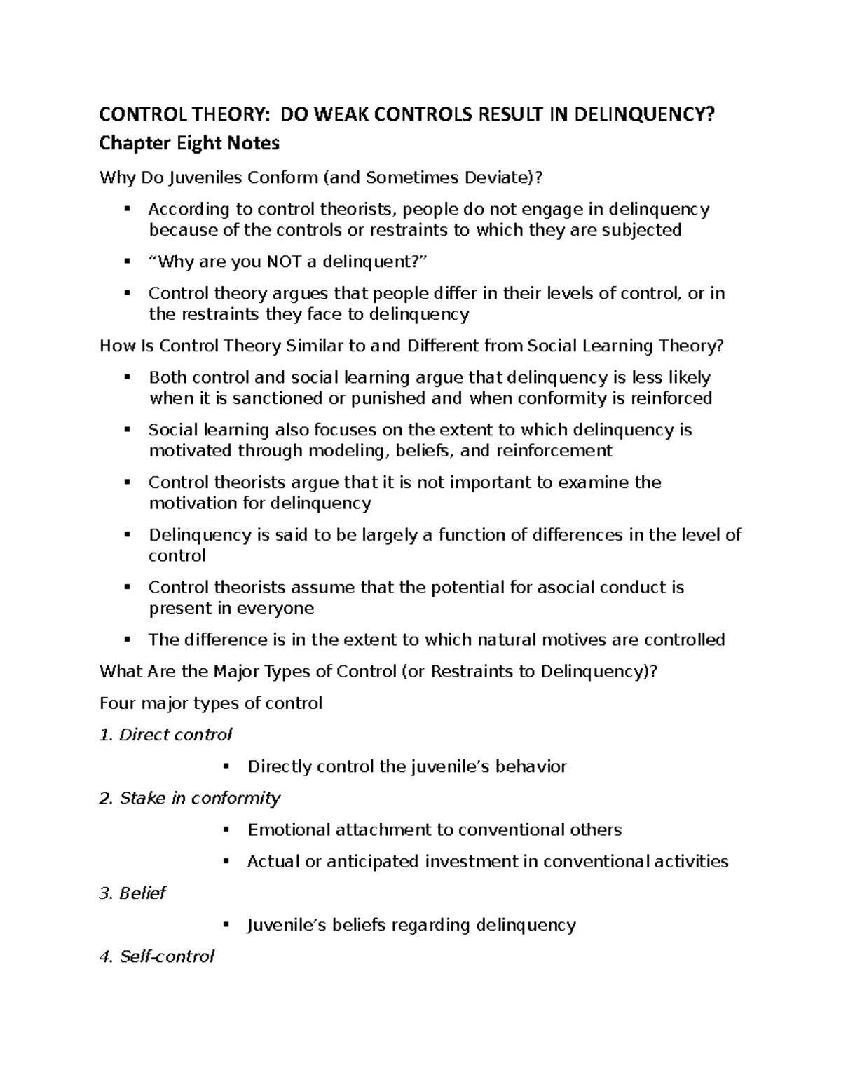 Juvenile Delinquency Ch.8 Notes - CONTROL THEORY: DO WEAK CONTROLS ...