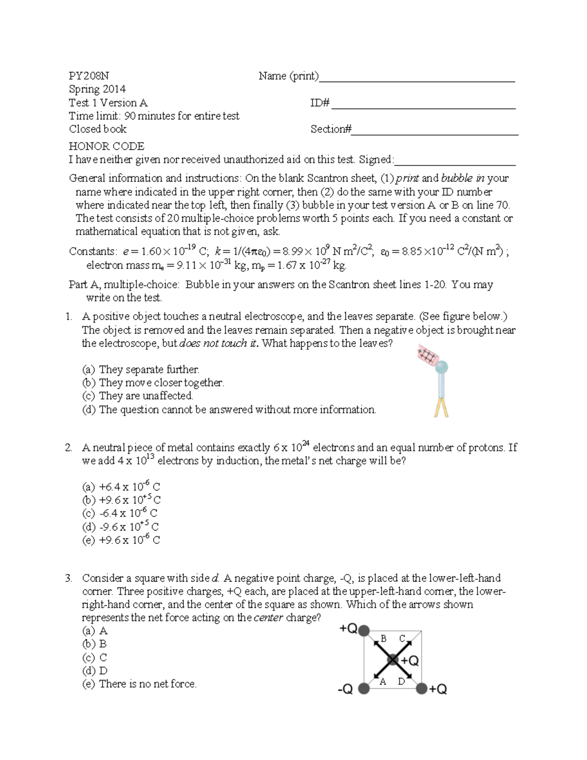 Prac Test 1E - physics 2 practice test E for test 1 problems - PY208N ...