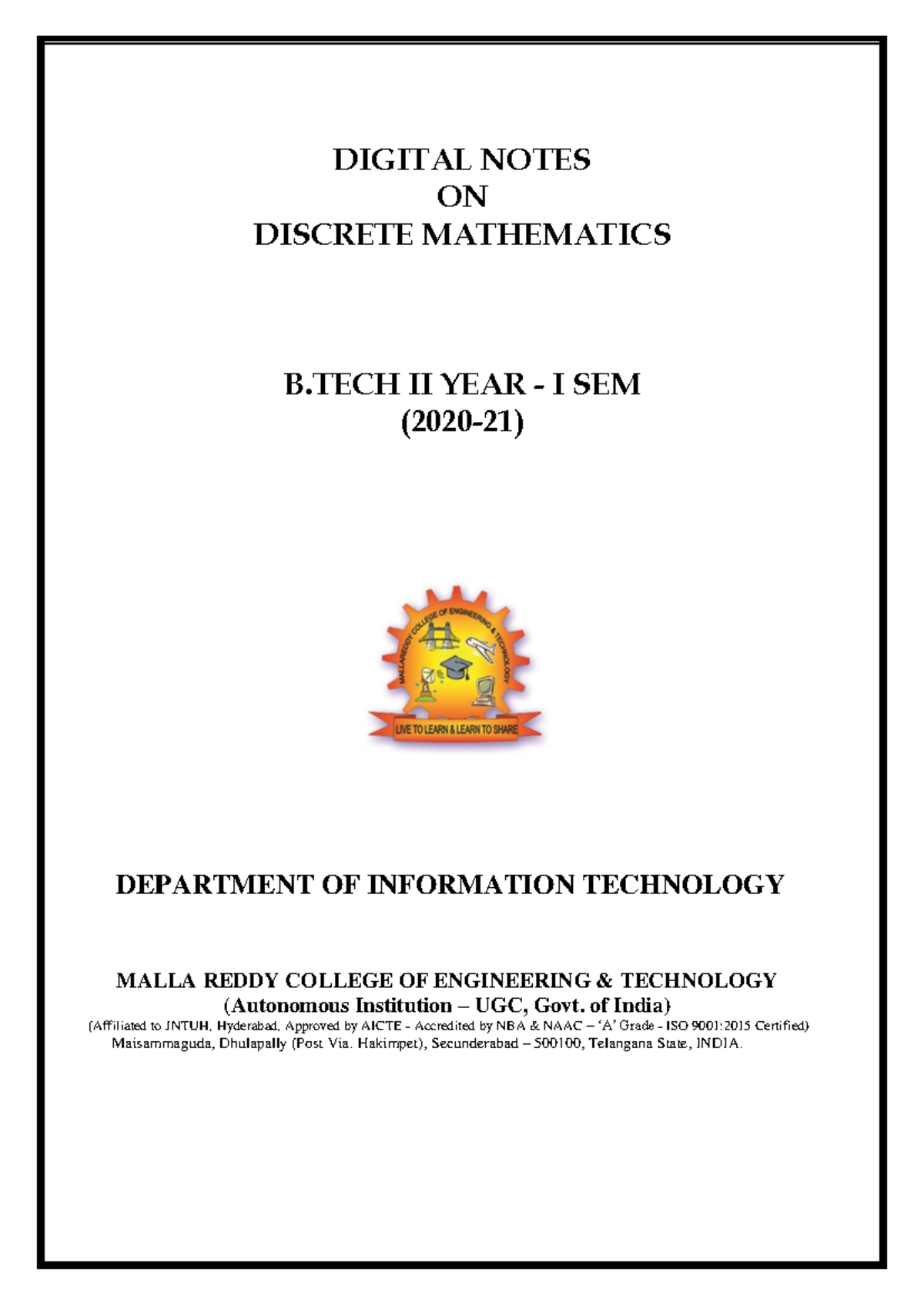 (R18A0506) Discrete Mathematics - DIGITAL NOTES ON DISCRETE MATHEMATICS ...