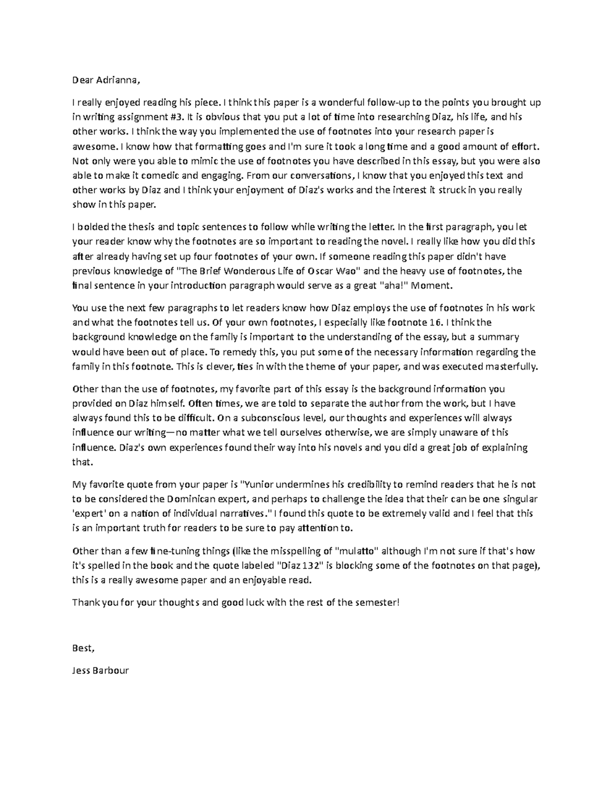 Adrianna Letter - Dear Adrianna, I really enjoyed reading his piece. I ...