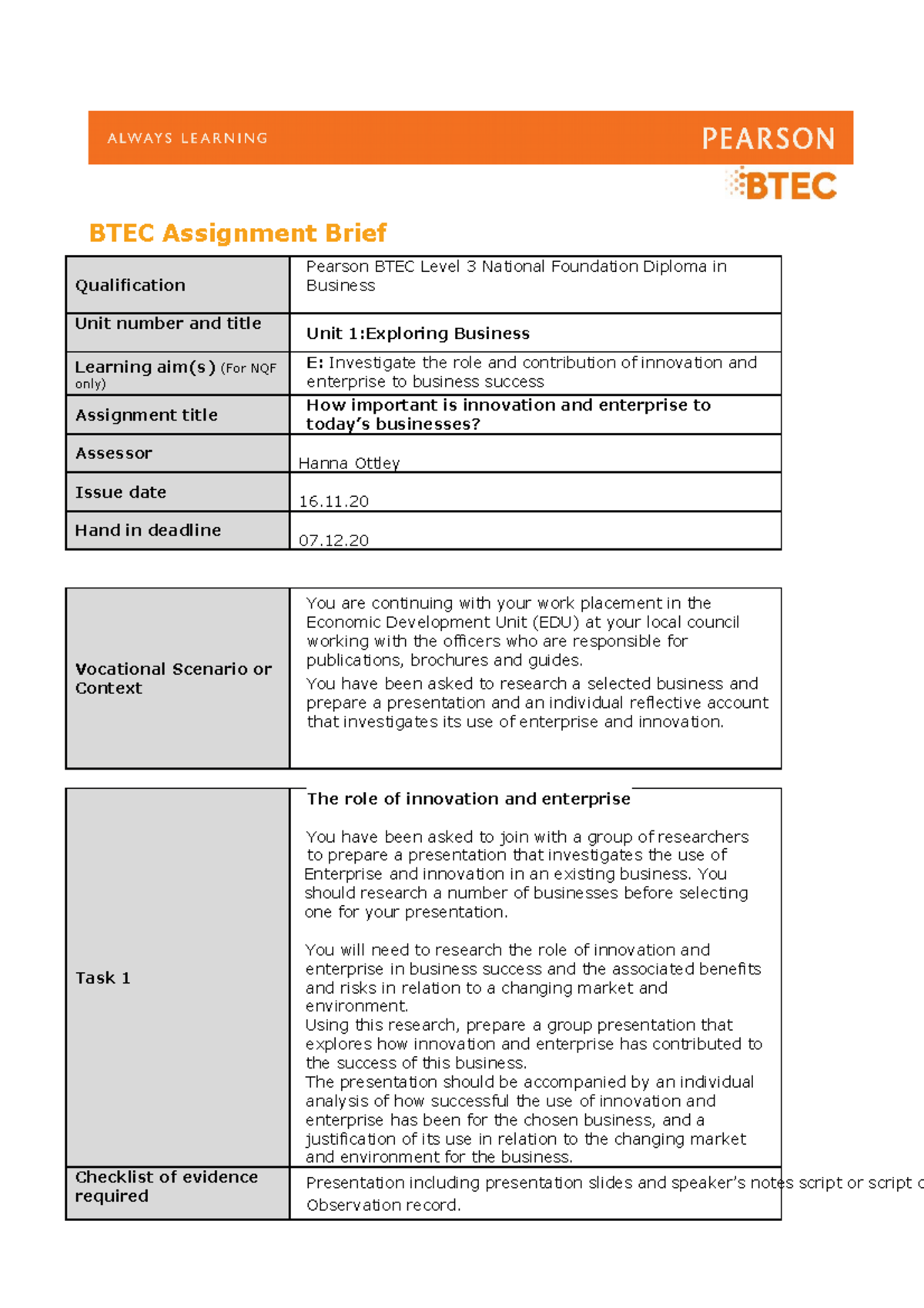 Assignment E And B Unit 5 - BTEC Assignment Brief Qualification Pearson ...