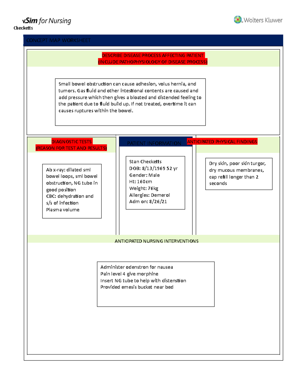 Stan Checketts Concept Map V Sim-Checketts Caremap - Checketts Concept Map Worksheet Describe Disease  Process Affecting Patient - Studocu