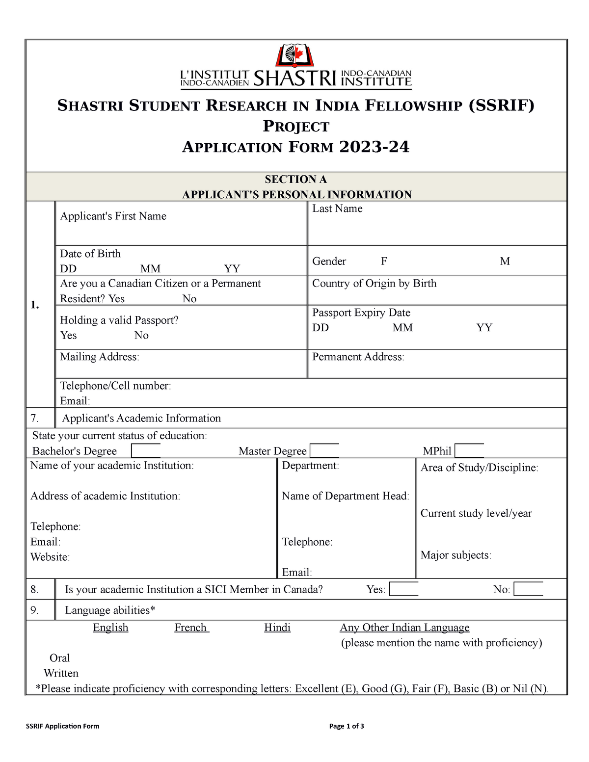 shastri research student fellowship 2023