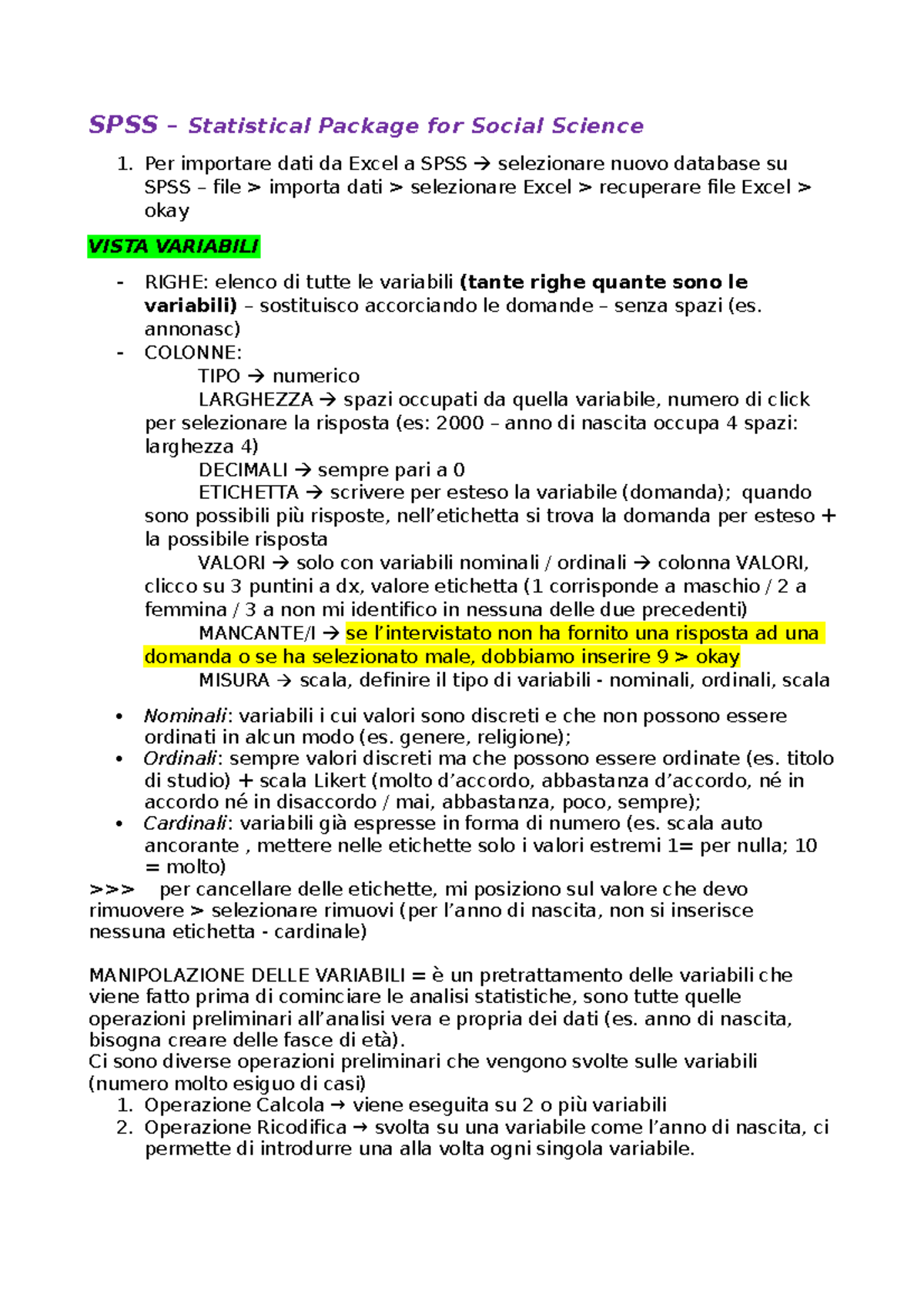 SPSS comandi - SPSS – Statistical Package for Social Science 1. Per ...
