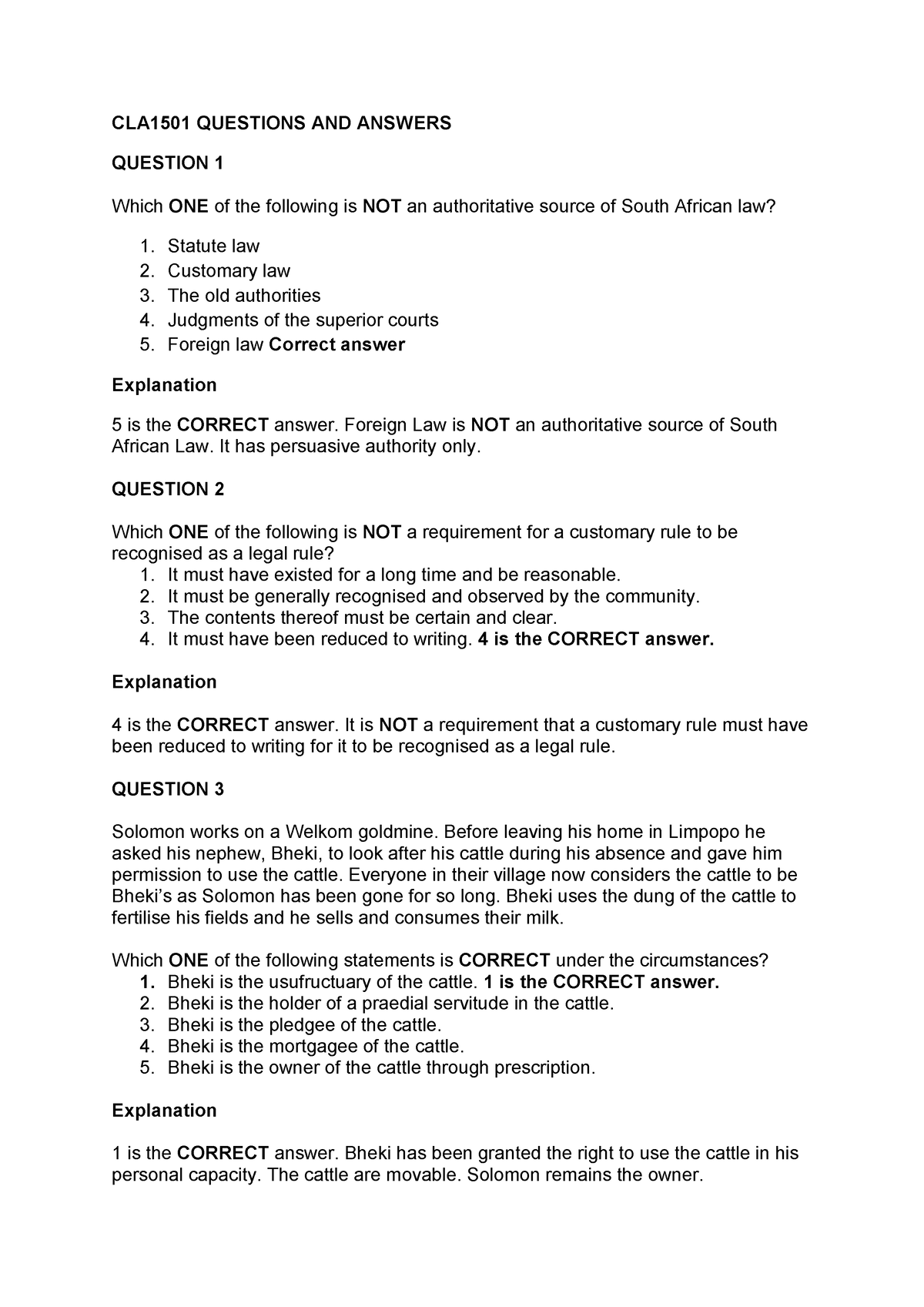 CLA1501 Questions AND Answers - CLA1501 QUESTIONS AND ANSWERS QUESTION ...