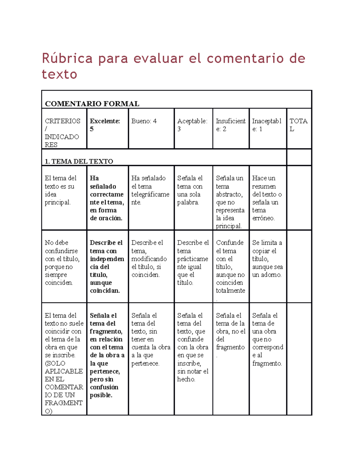 Rubrica Para Evaluar Comentario Critico - Image to u