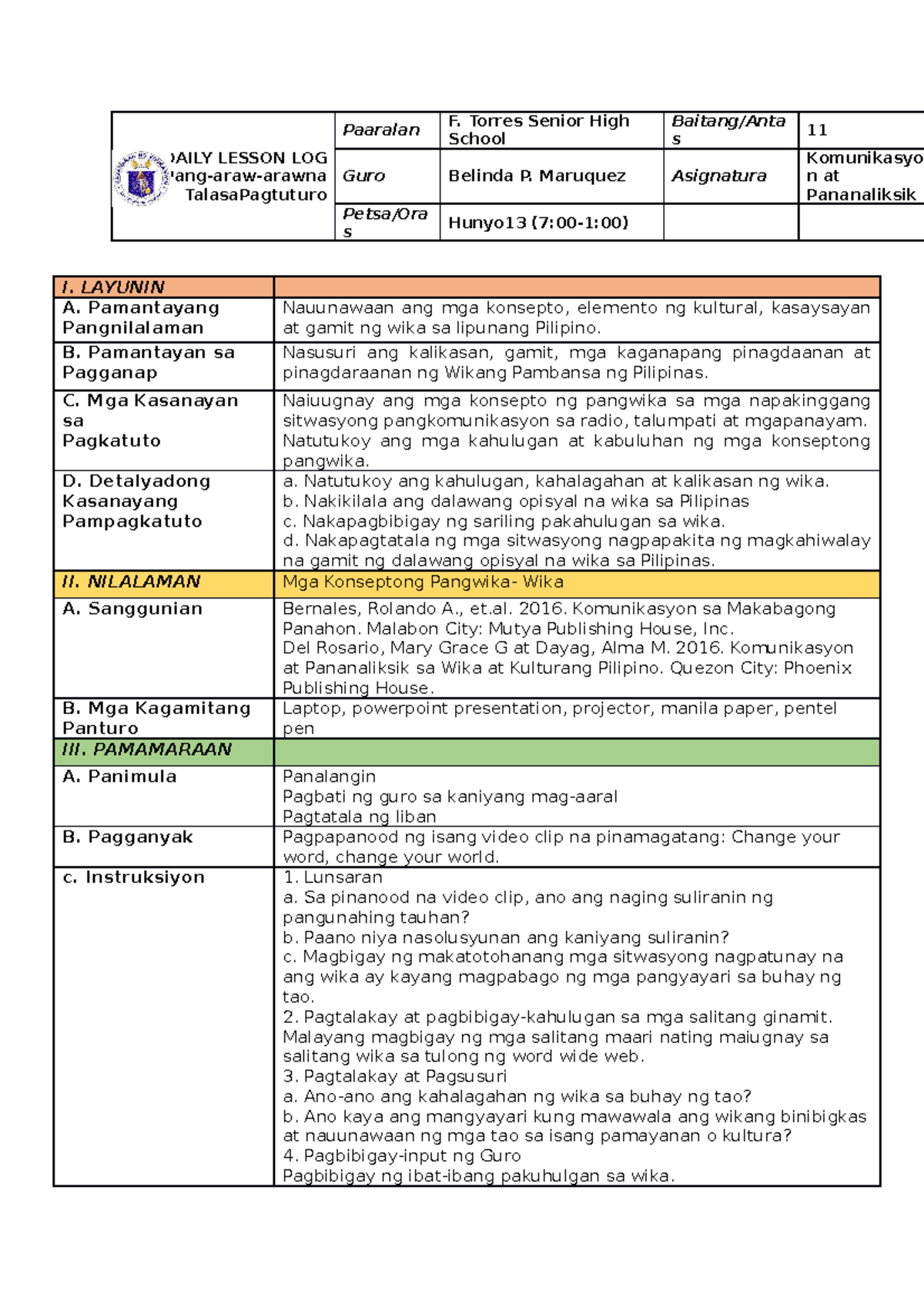 Daily Lesson Log Sample In Filipino Printable Templates