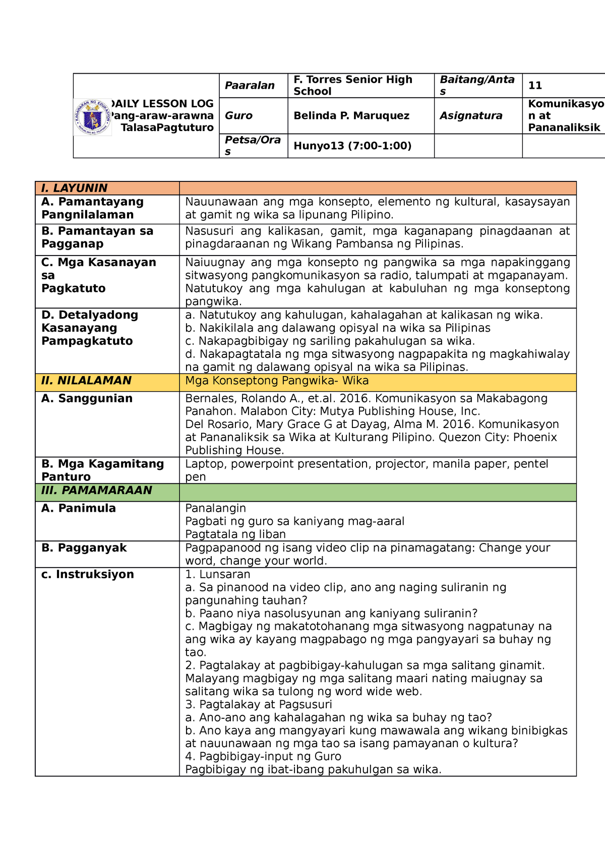 Daily Lesson LOG Lecture Notes 1 10 DAILY LESSON LOG Pang araw 