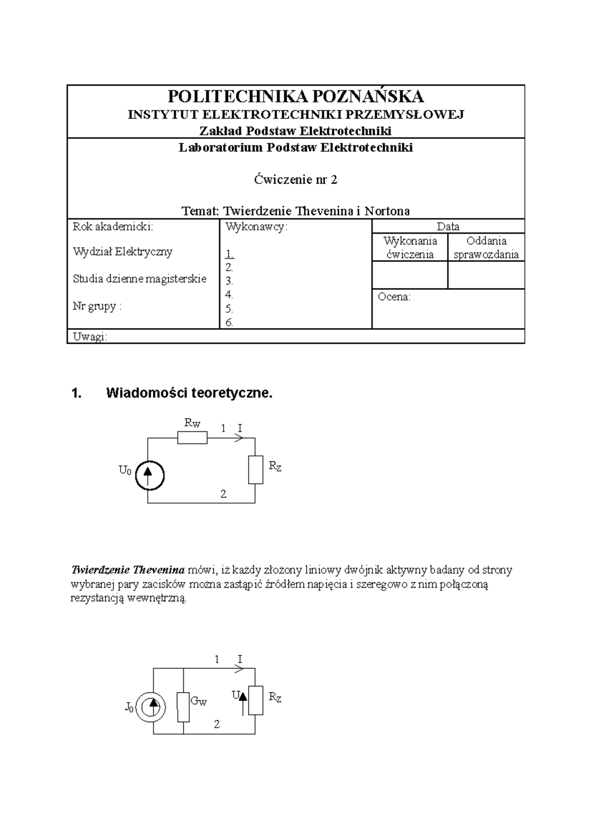 Twierdzenie Thevenina I Nortona Sprawozdanie - POLITECHNIKA POZNAŃSKA ...