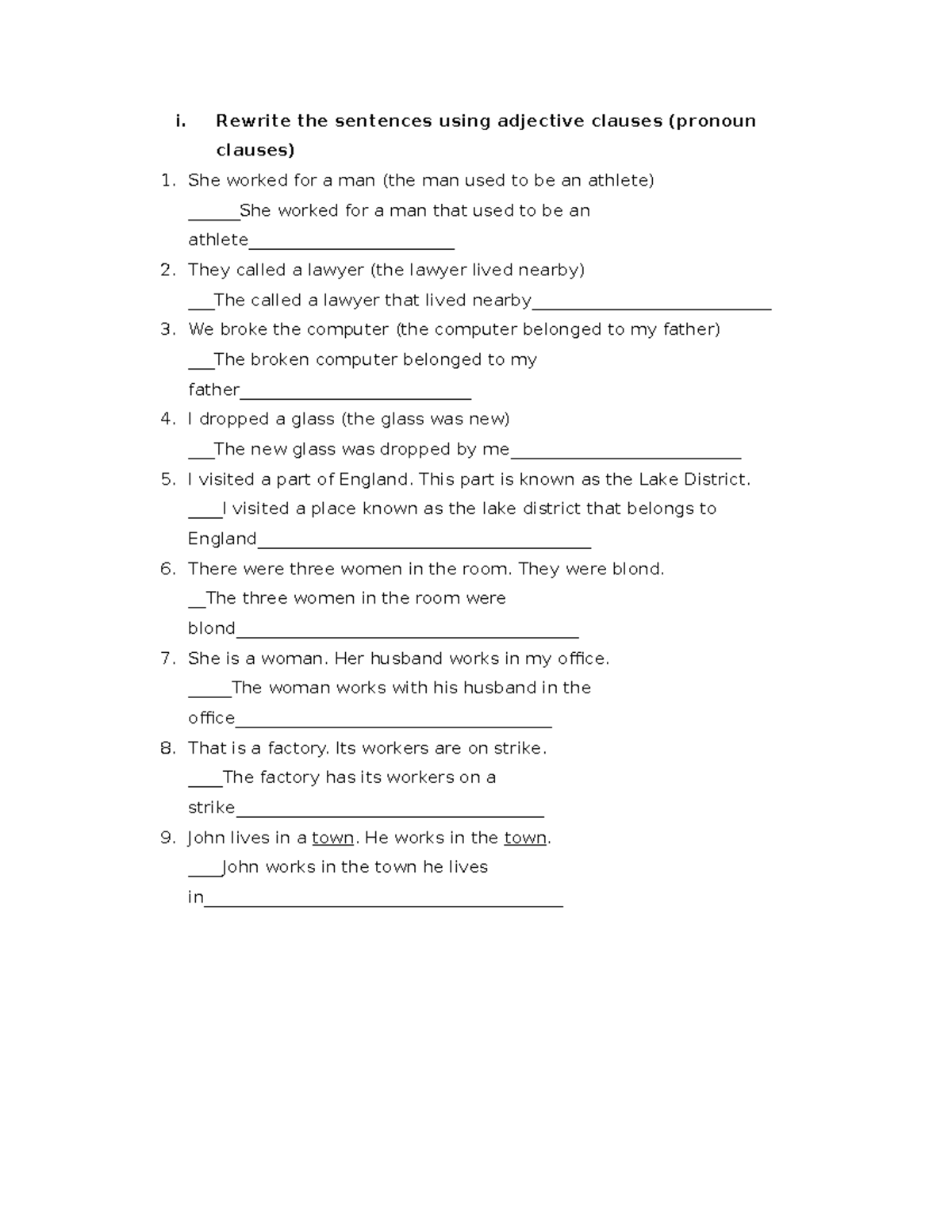 Activity, adjective clauses - i. Rewrite the sentences using adjective ...