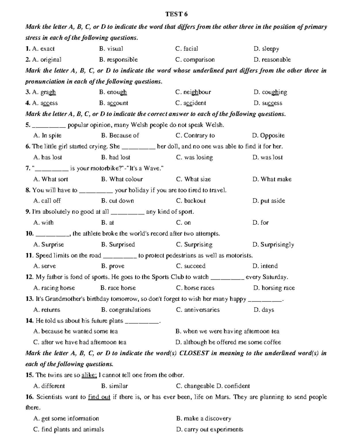 TEST 6 - 2022 - Entrance exam for high school students - TEST 6 Mark ...