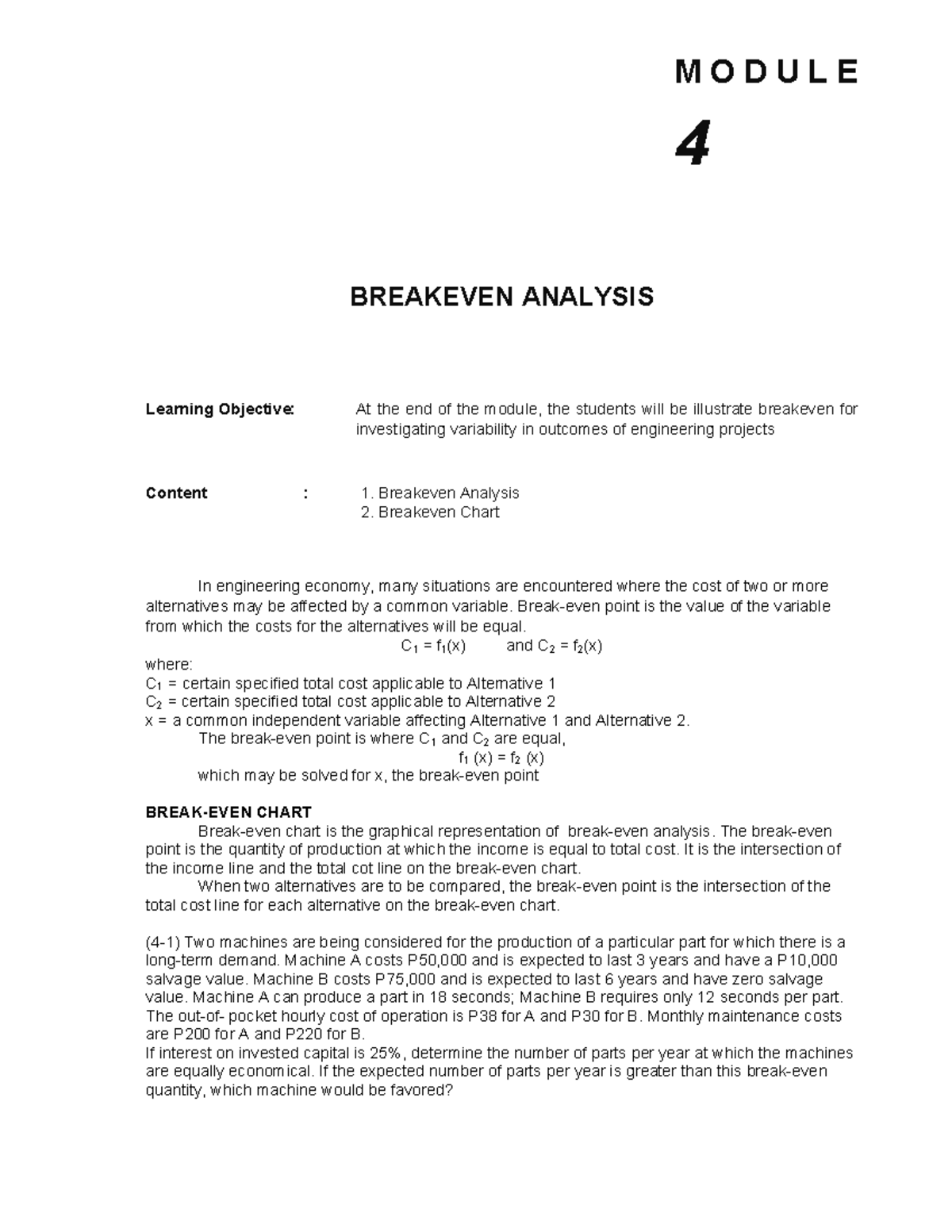 004breakeven Analysis M O D U L E 4 Breakeven Analysis Learning Objective At The End Of The 1546