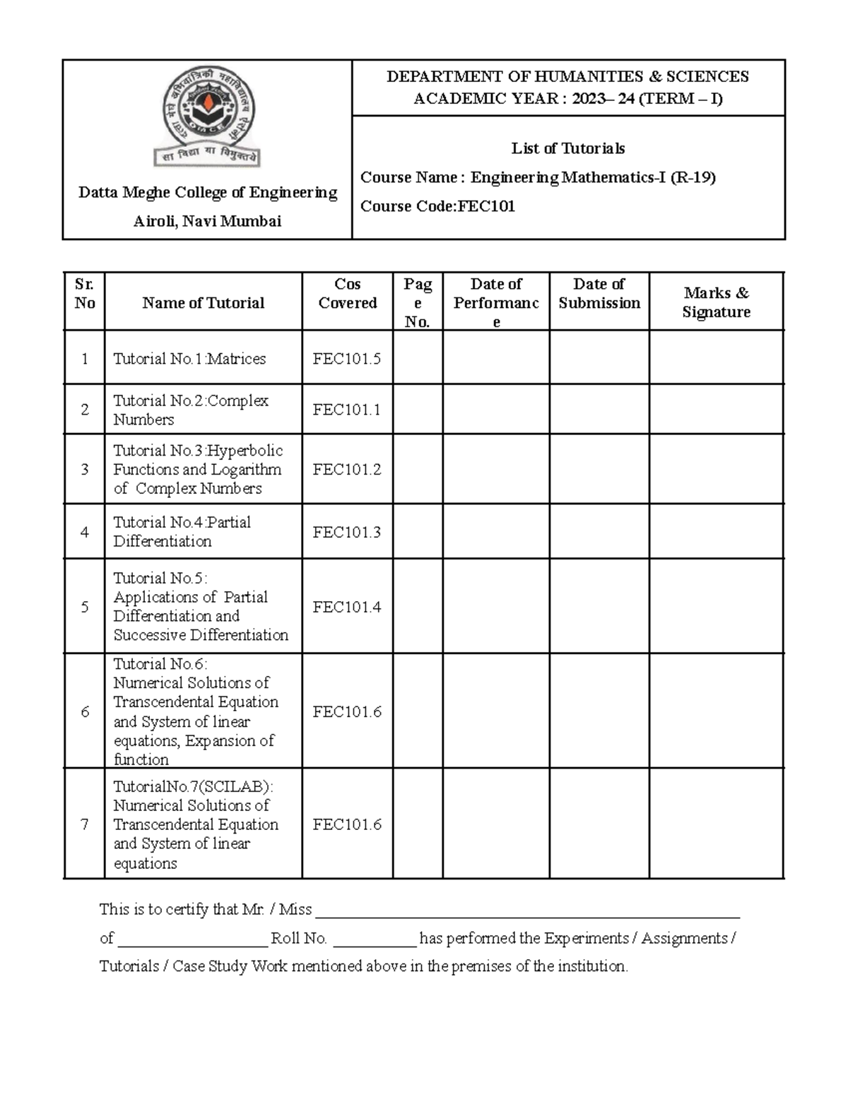 SEM-I Lab-Journal-23-24 - Datta Meghe College of Engineering Airoli ...