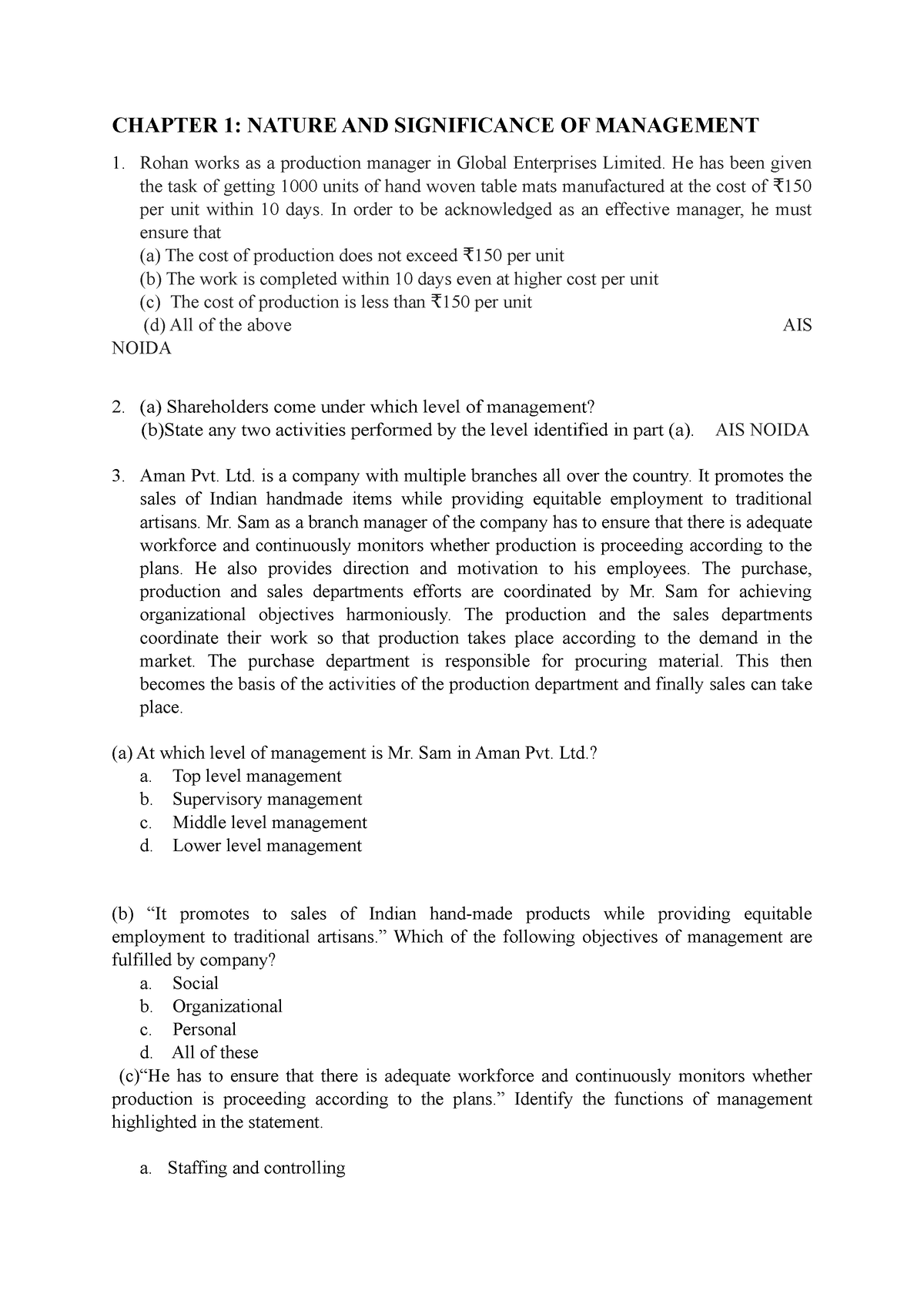 case study questions of nature and significance of management