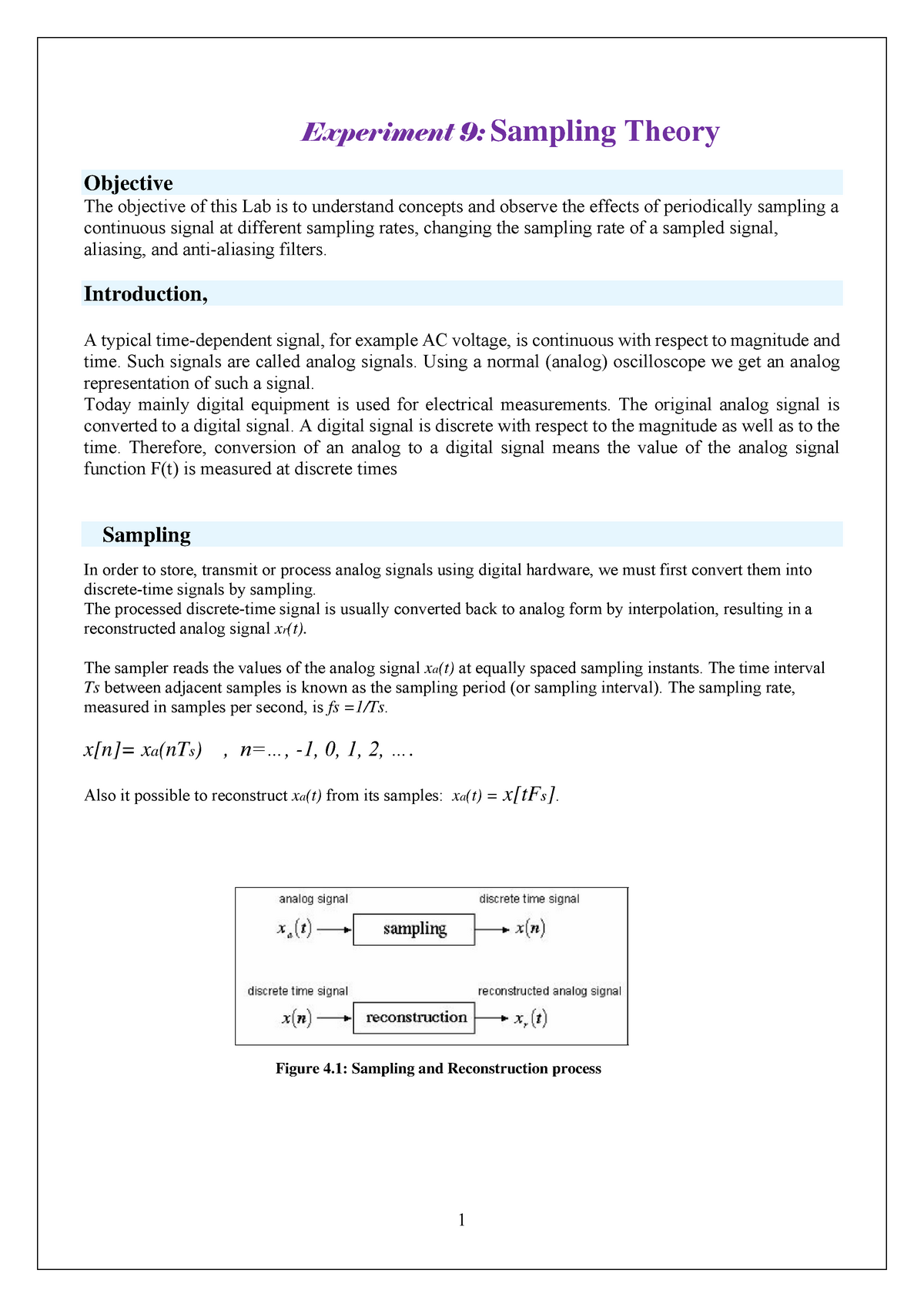 Experiment 9 Sampling Theory - Experiment 9 : Sampling Theory Objective ...