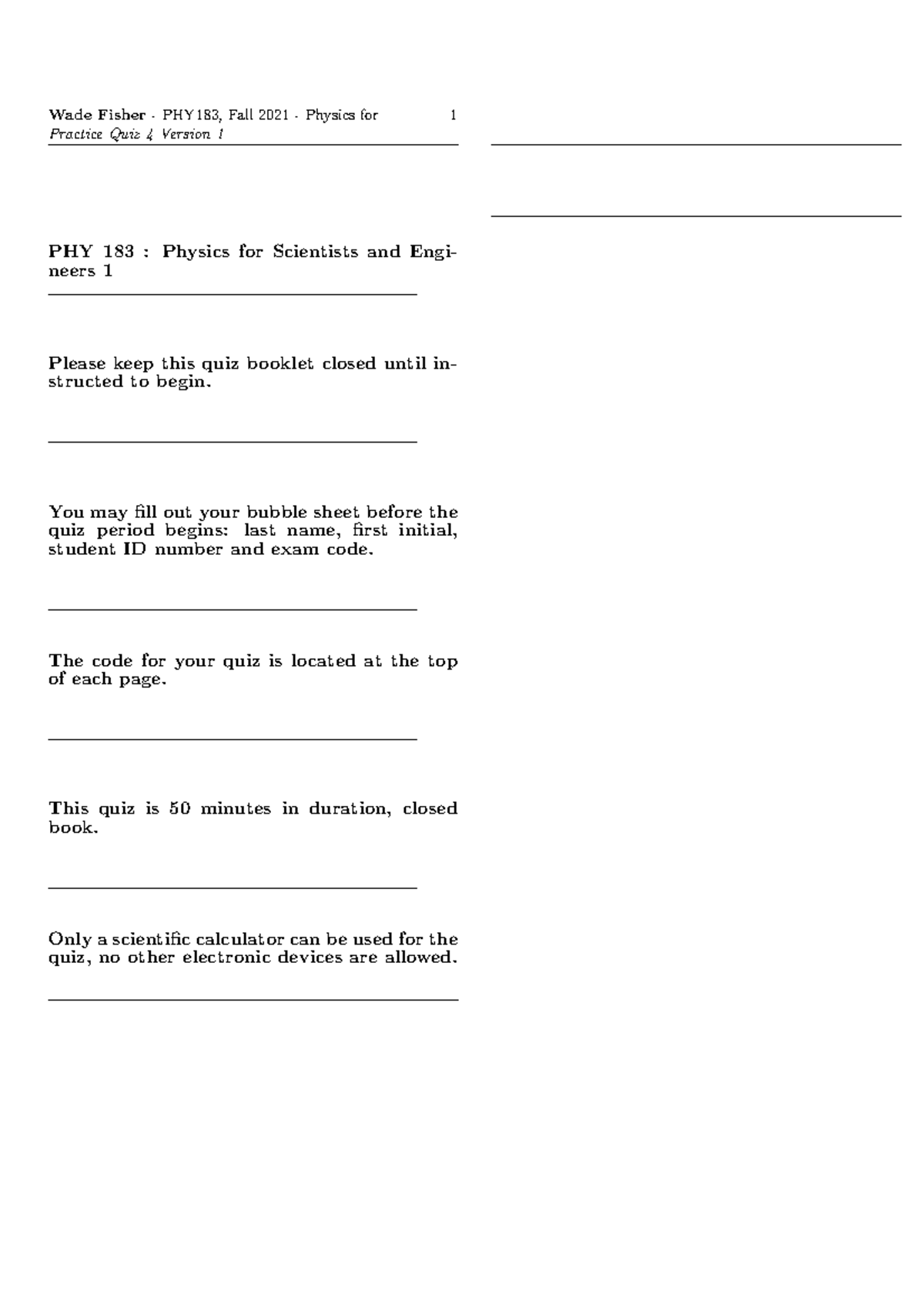 PHY 183 Quiz 4 Practice v1 - Practice Quiz 4 Version 1 PHY 183 ...