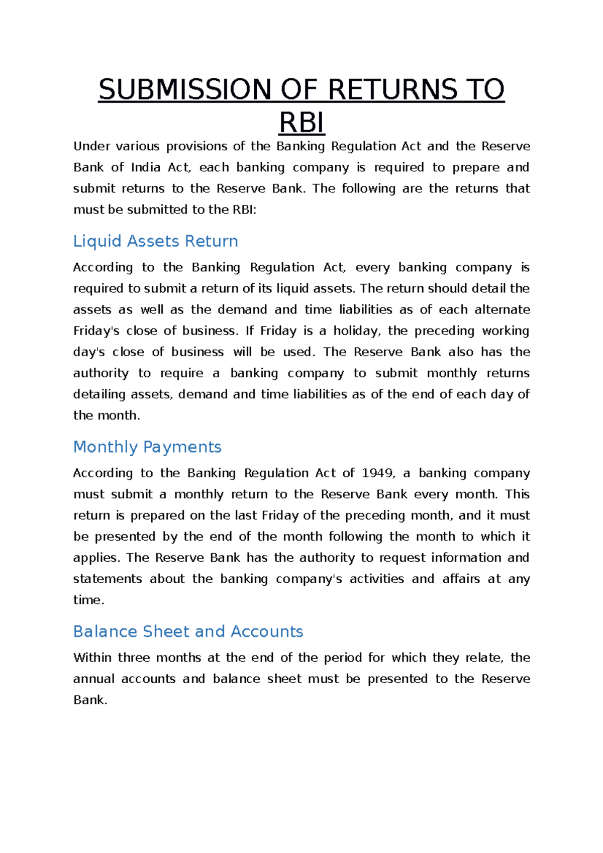 Brief NOTE ON Submission OF Returns TO RBI SUBMISSION OF RETURNS TO