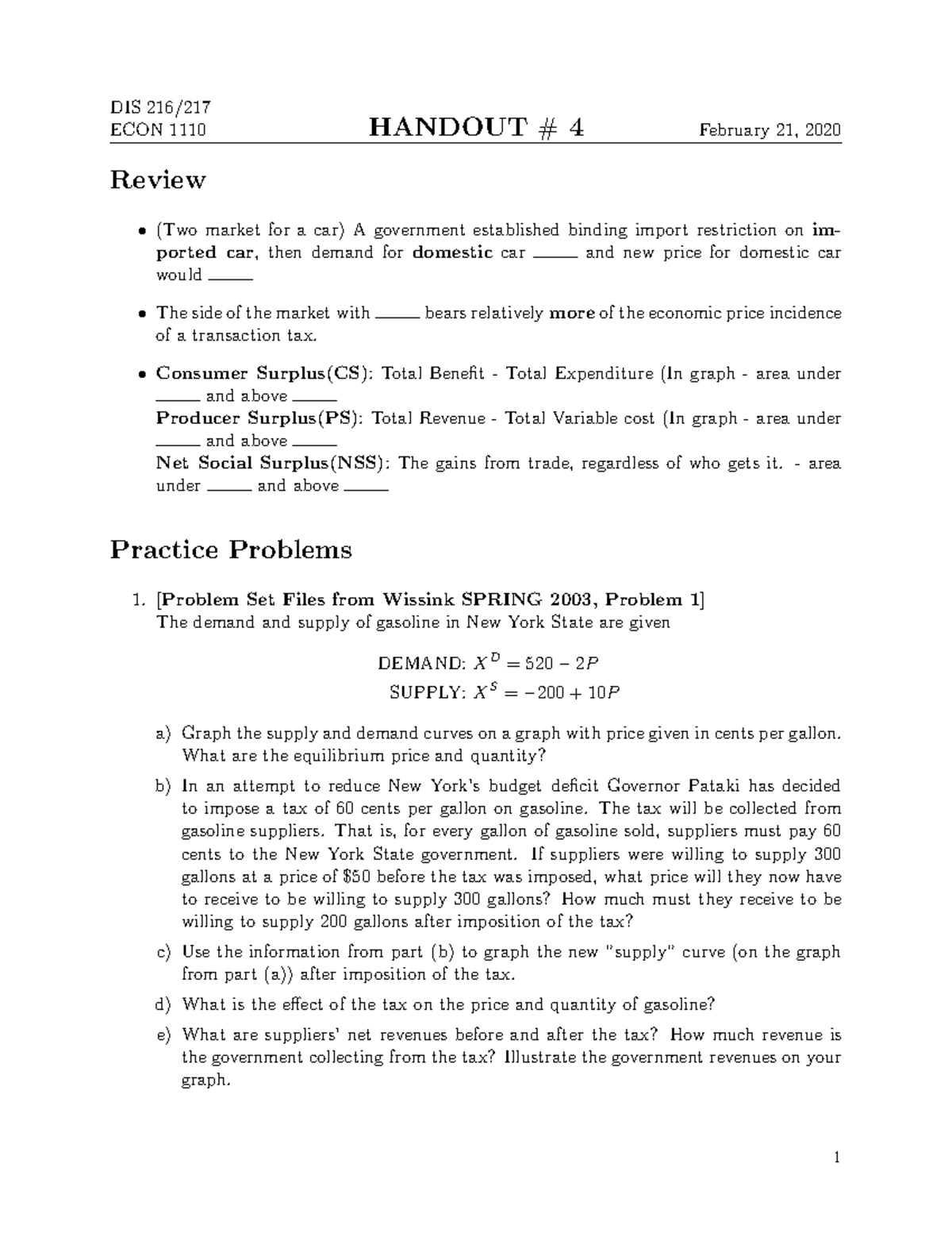 Handout JISU DIS 216/ ECON 1110 HANDOUT 4 February 21, 2020 Review