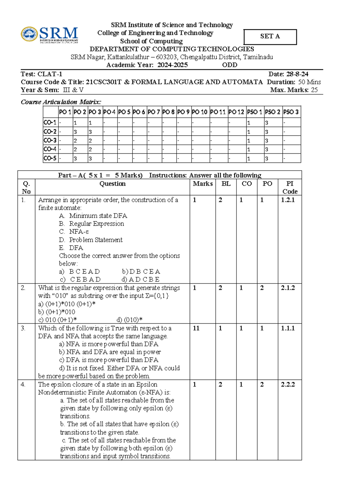 SET A - Copy - FLA CT1 question paper - SRM Institute of Science and ...