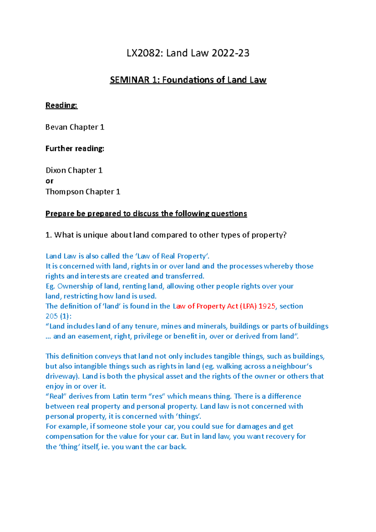 Seminar 1 LX2082 Land Law 2022 SEMINAR 1 Foundations of Land Law
