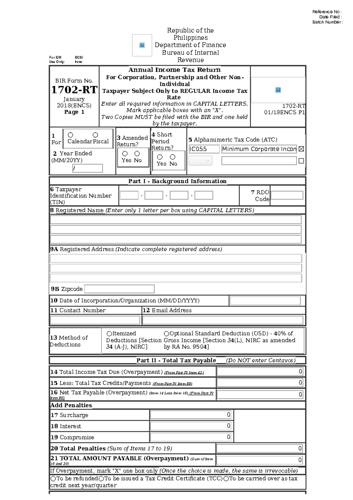 BIR Form 1702-RTA - Reference No : Date Filed : Batch Number : For BIR ...