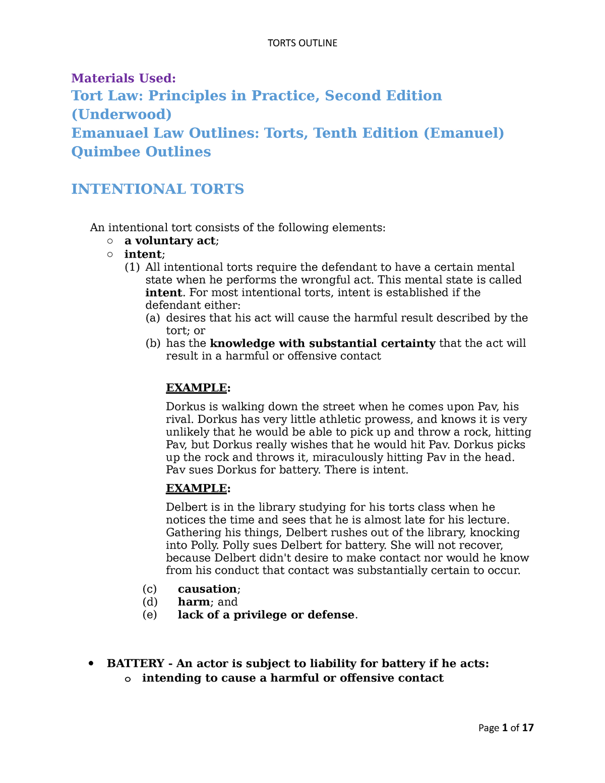Outline - Torts - Materials Used: Tort Law: Principles in Practice ...