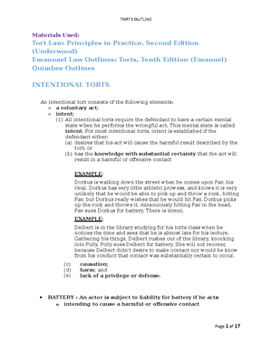 Torts Outline - Torts: The Common Law Process Outline A. Torts In ...