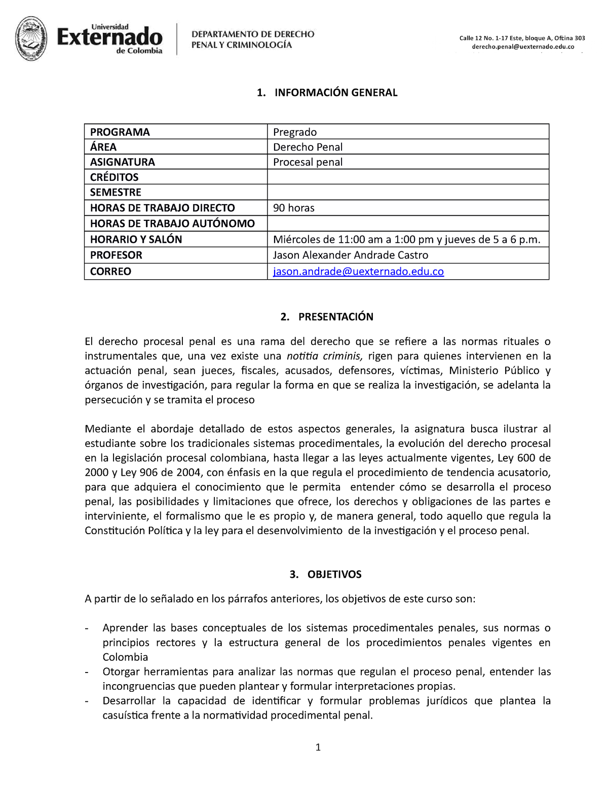 Programa Procesal Penal 2023 - 1. INFORMACIÓN GENERAL PROGRAMA Pregrado ...