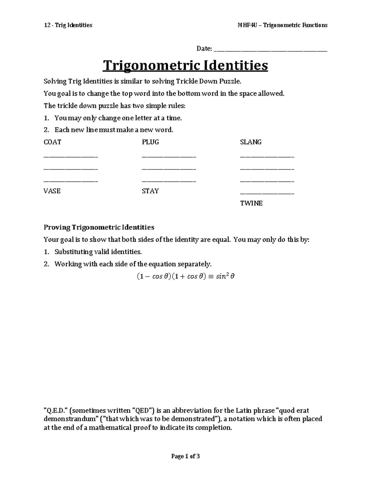 12 - Trig Identities - You goal is to change the top word into the ...