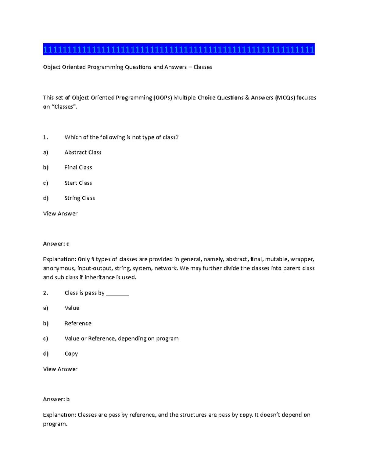 Object Oriented Programming Questions And Answers – Objects - - Studocu