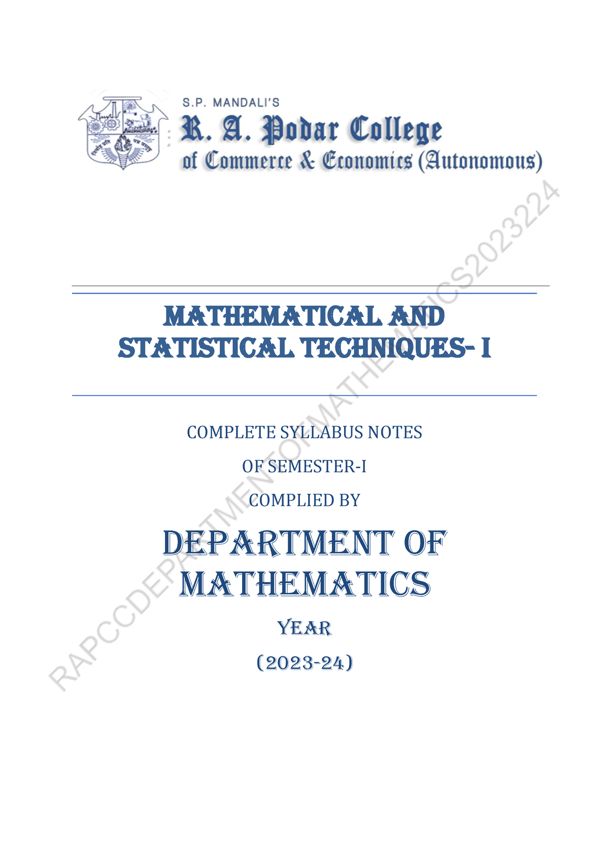 Mathematic Fybcom Sem1 - MatheMatical And StatiStical TechniqueS- I ...