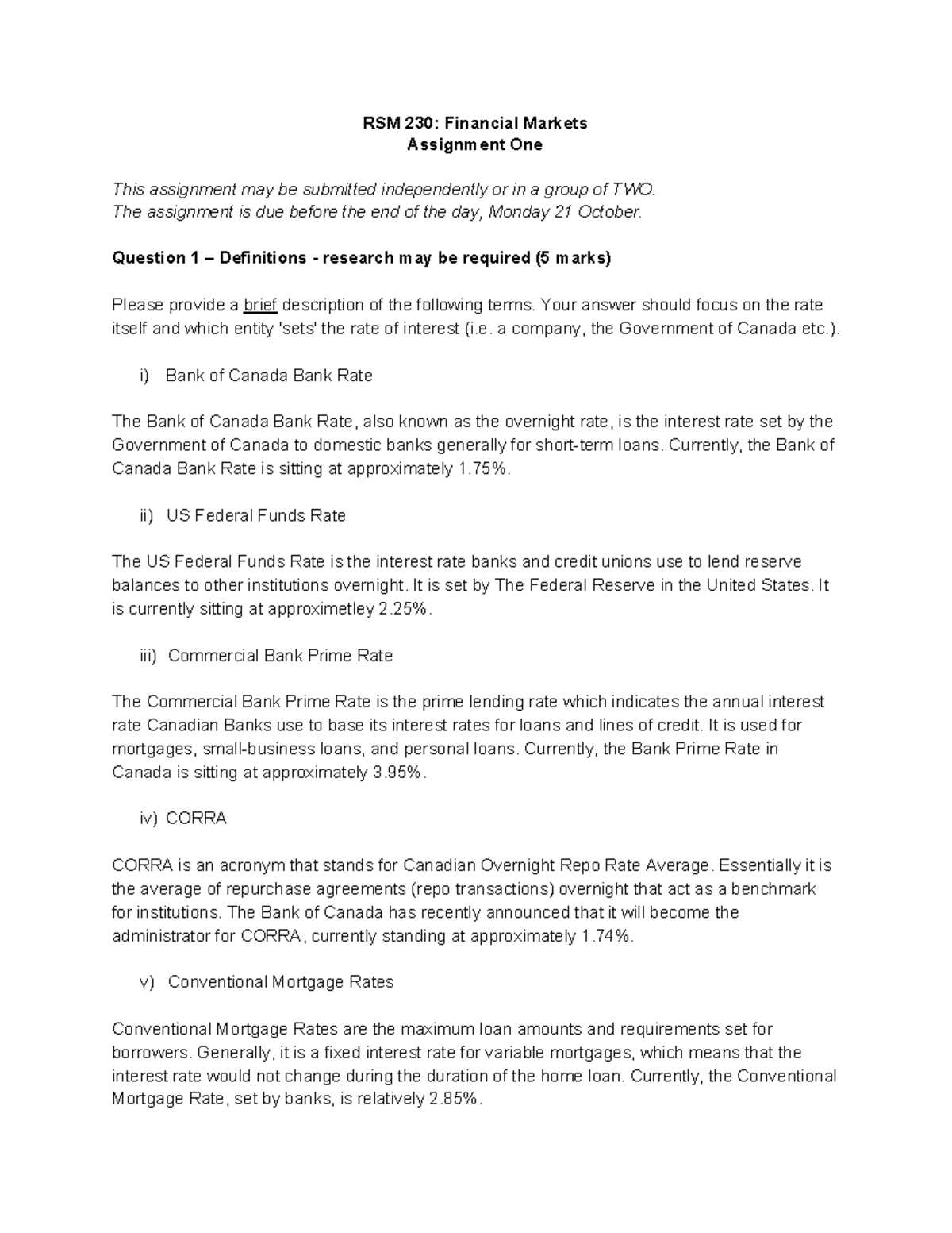 RSM230 - Group Assignment - RSM 230: Financial Markets Assignment One ...