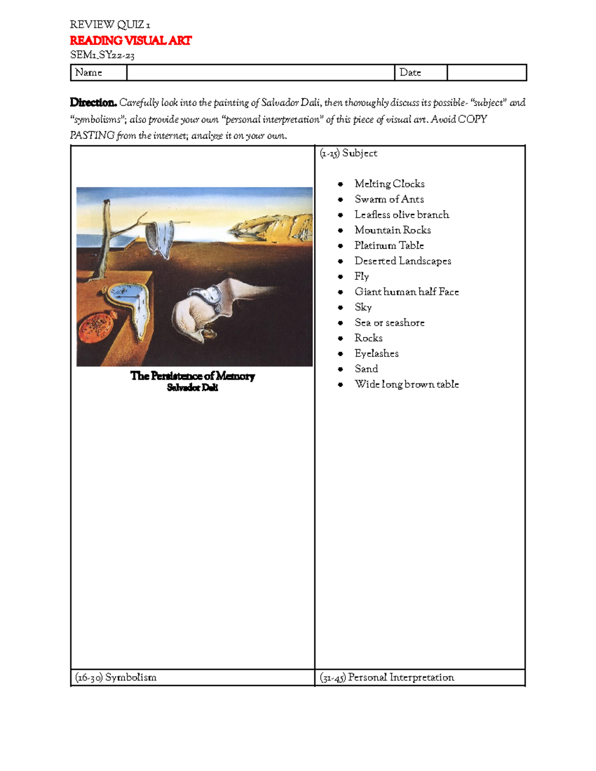 RVA Review QUIZ 1 - REVIEW QUIZ 1 READING VISUAL ART SEM1_SY22- Name ...