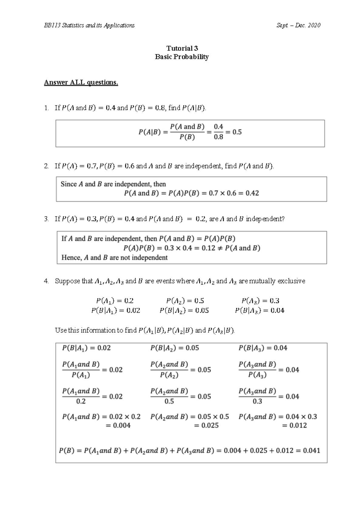 Tutorial 3 Topic 3 Solution - Tutorial 3 Basic Probability Answer ALL ...