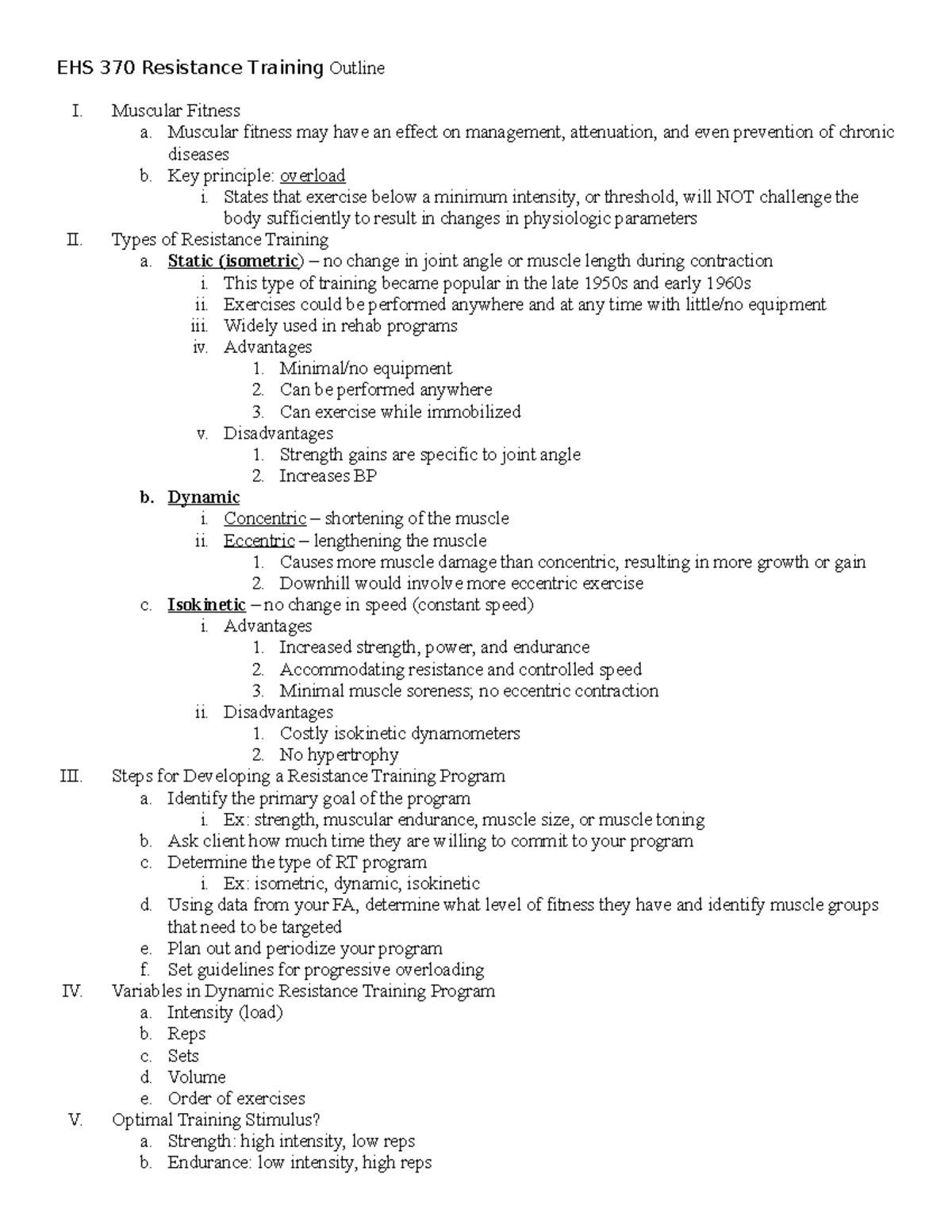 EHS 370 Resistance Training Outline - II. III. IV. V. Muscular Fitness ...