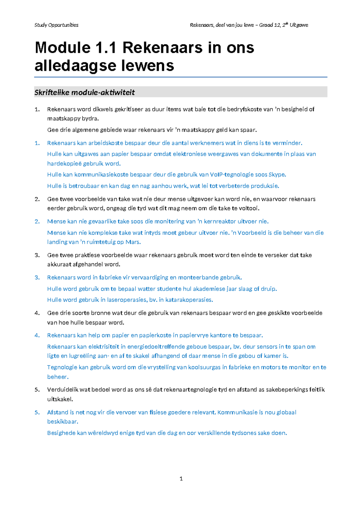1 1 Rekenaars alledaagse lewens Antwoorde - Study Opportunities ...