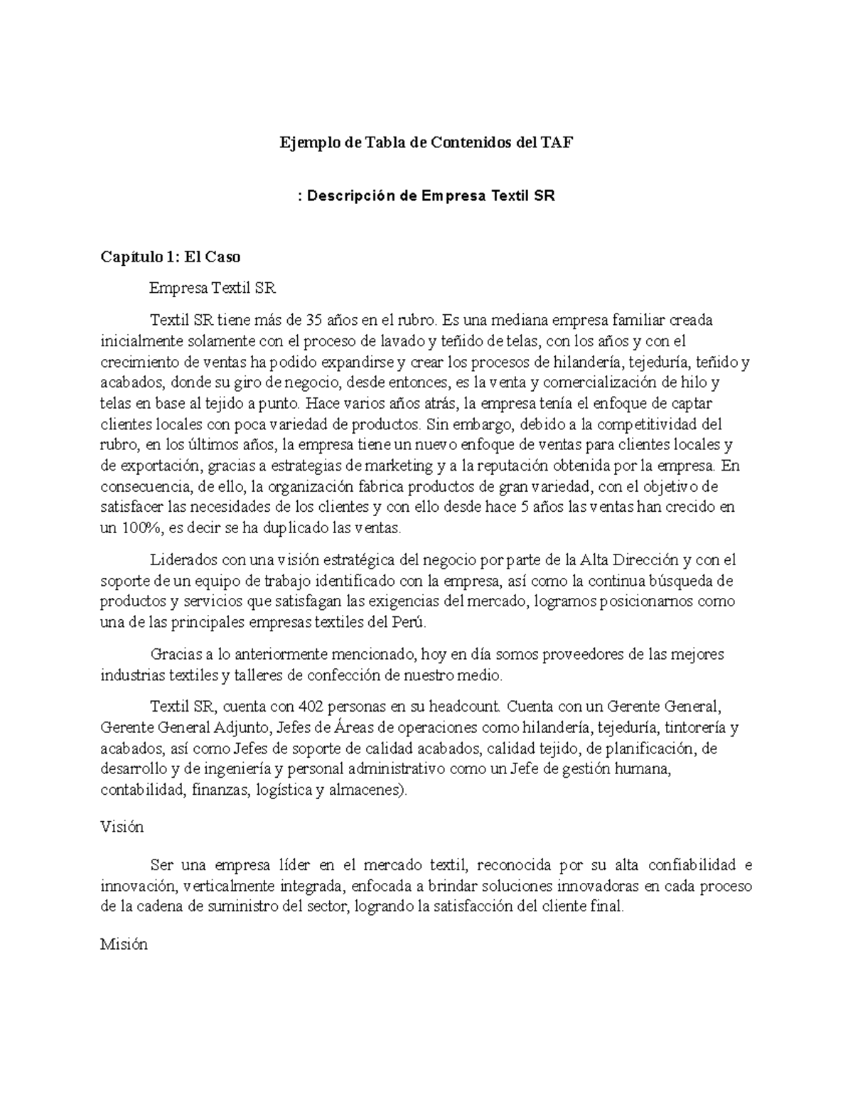 TAF Individual - Textil SR - Ejemplo de Tabla de Contenidos del TAF ...