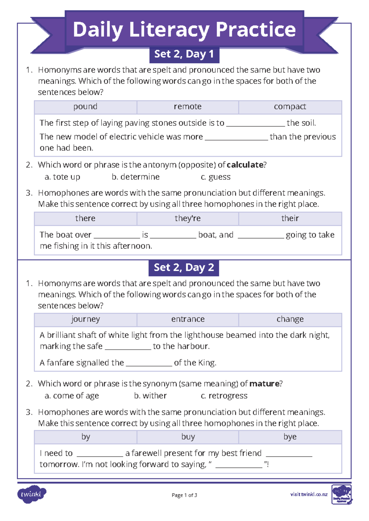 Daily Literacy Practice - Set 2 - Set 2, Day 2 1. Homonyms are words ...