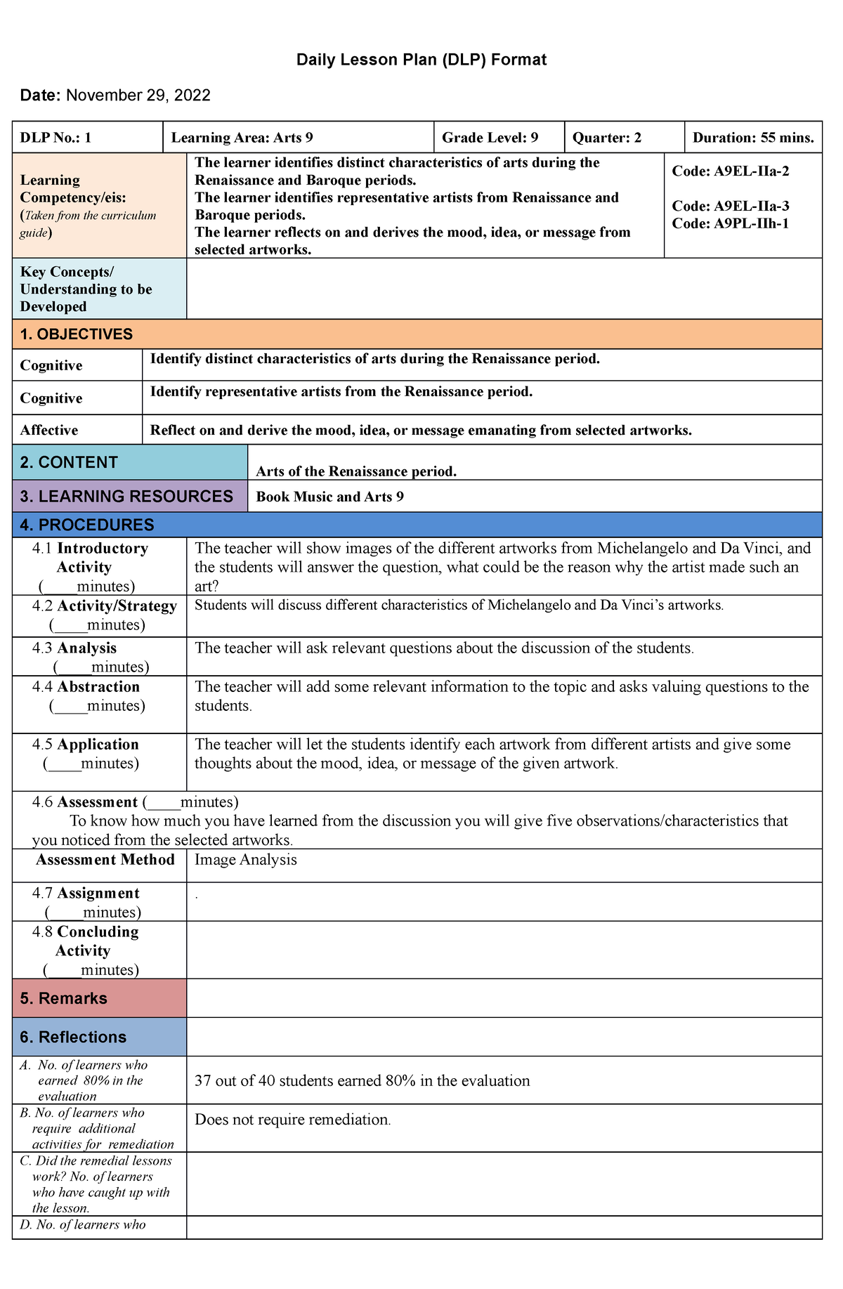 Arts 1st lesson - Daily Lesson Plan (DLP) Format Date: November 29 ...