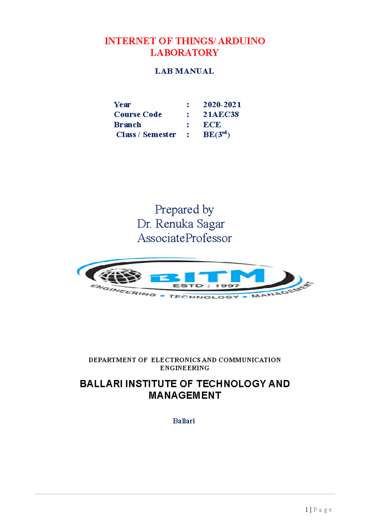 IOT LAB Manual 1 P a g e OF THINGS/ ARDUINO LABORATORY LAB