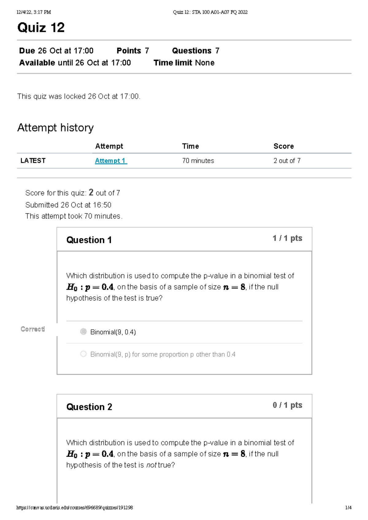 STA 100 Quiz 12 - quiz - Quiz 12 Due 26 Oct at 17:00 Points 7 Questions ...