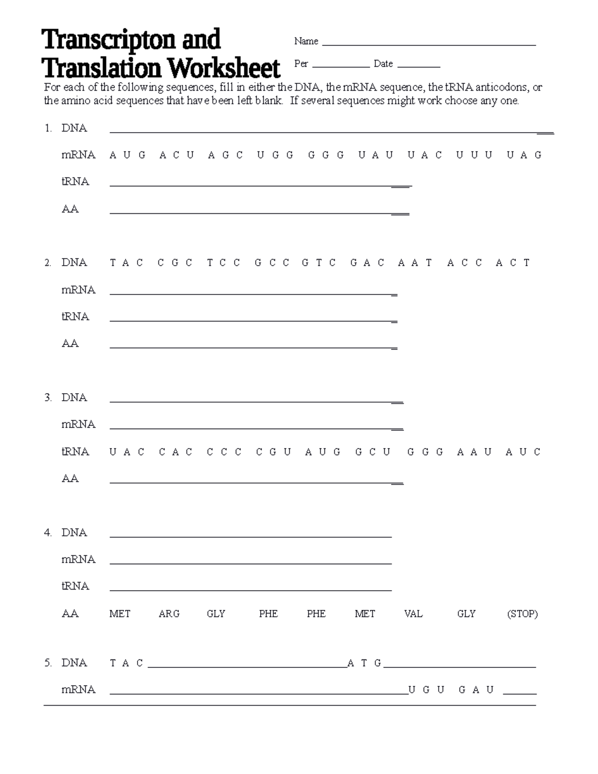 Transcription and Translation Practice - Name Per Date For each of the ...