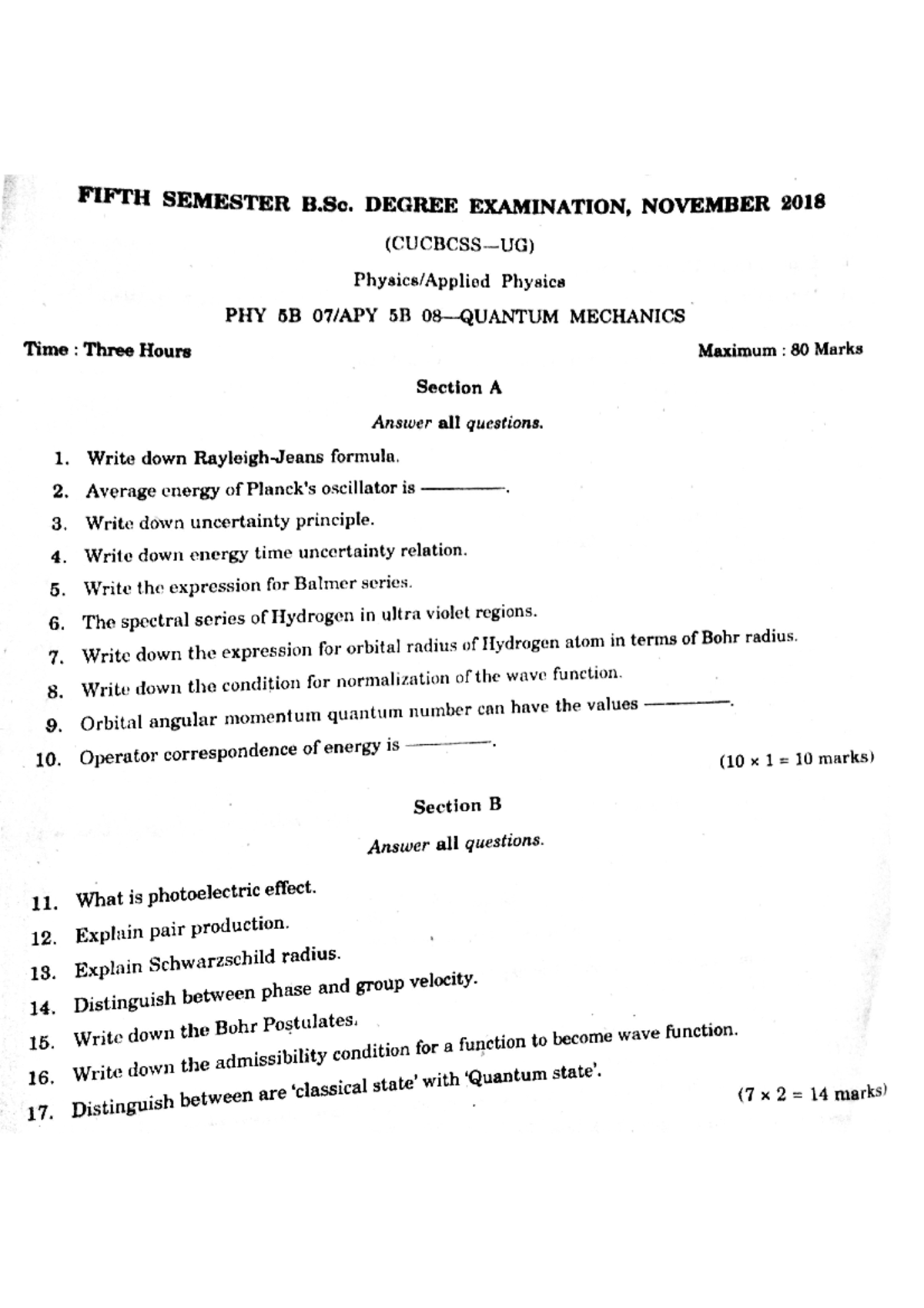 Quantum mechanics 2018 November - FIFTH SEMESTER B. DEGREE EXAMINATION ...